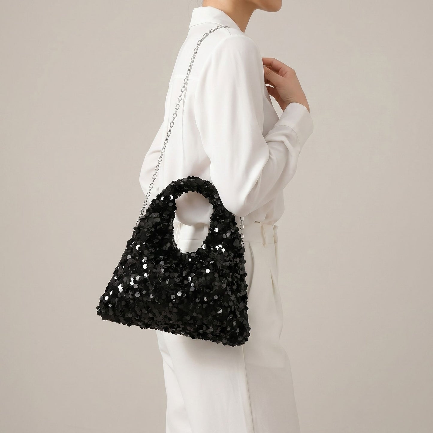 Sequin Top Handle Mini Bag with Round Cutout Handle and Chain Strap