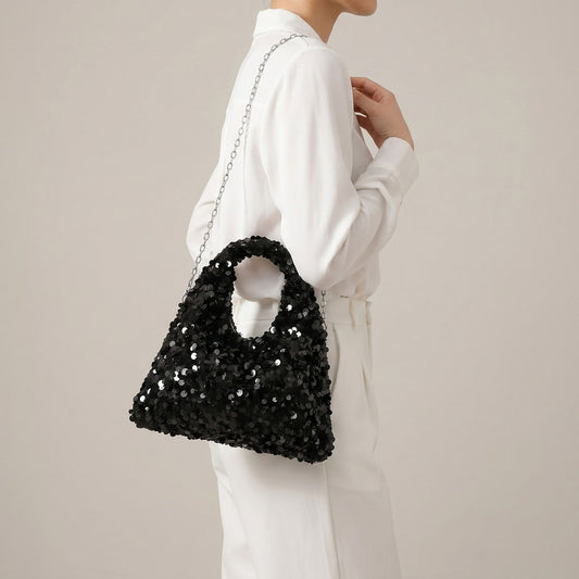 Sequin Top Handle Mini Bag with Round Cutout Handle and Chain Strap