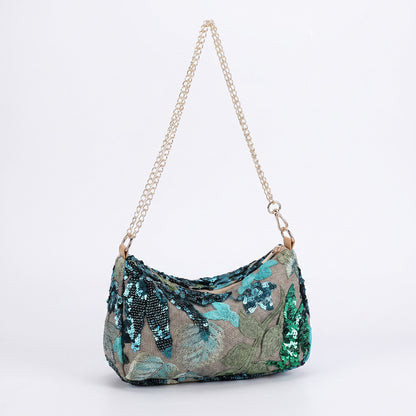 Floral Embroidered Sequin Shoulder Bag with Chain Strap Curved Silhouette