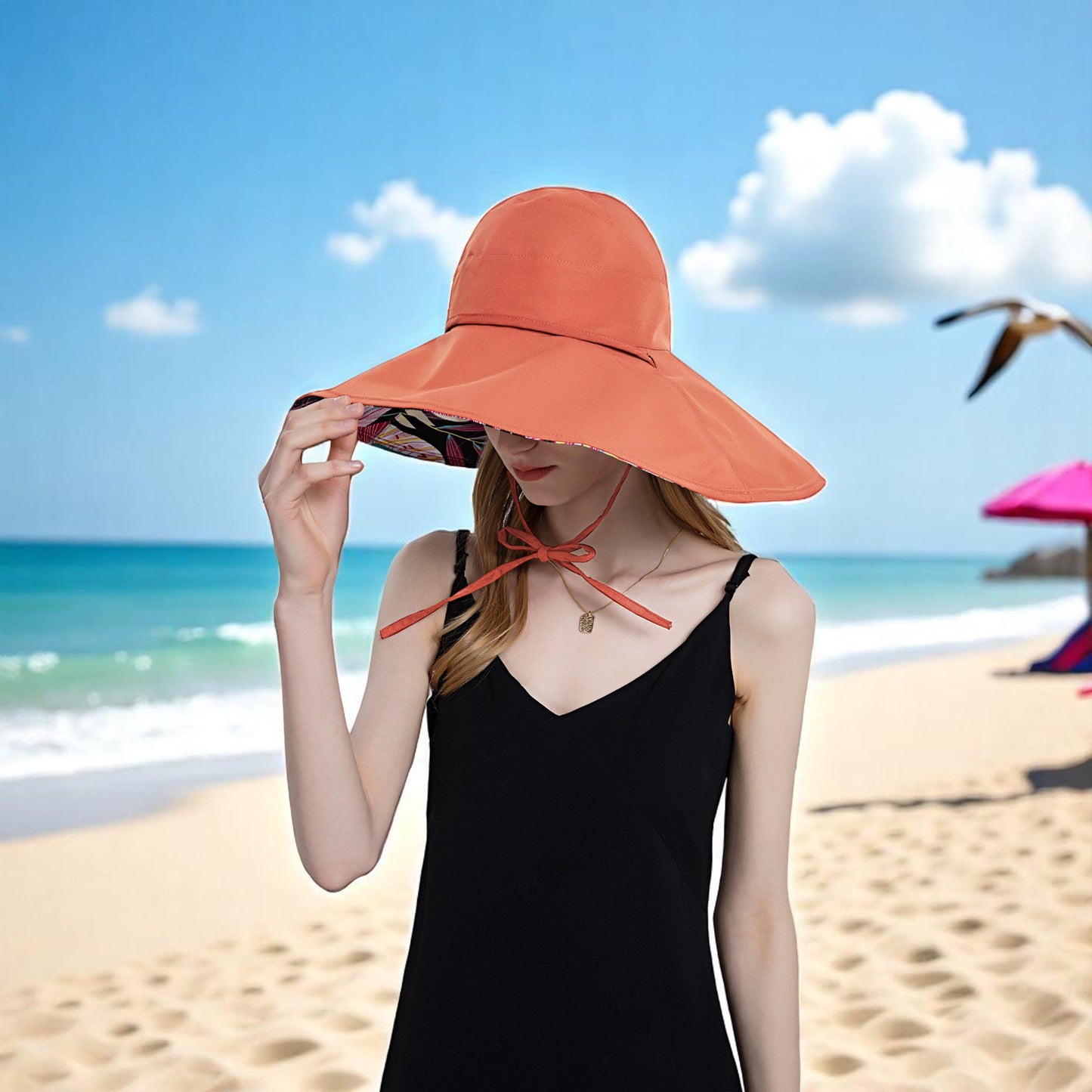 Wide Brim Sun Hat with Ponytail Hole Neck Tie Closure and Patterned Lining for UV Protection and Outdoor Style