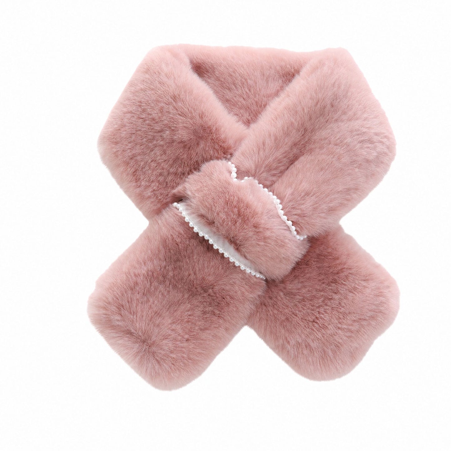 Plush Faux Fur Scarf Soft Slip Through Neck Warmer with Pearl Look Bead Trim 31.5*4.7 Inches