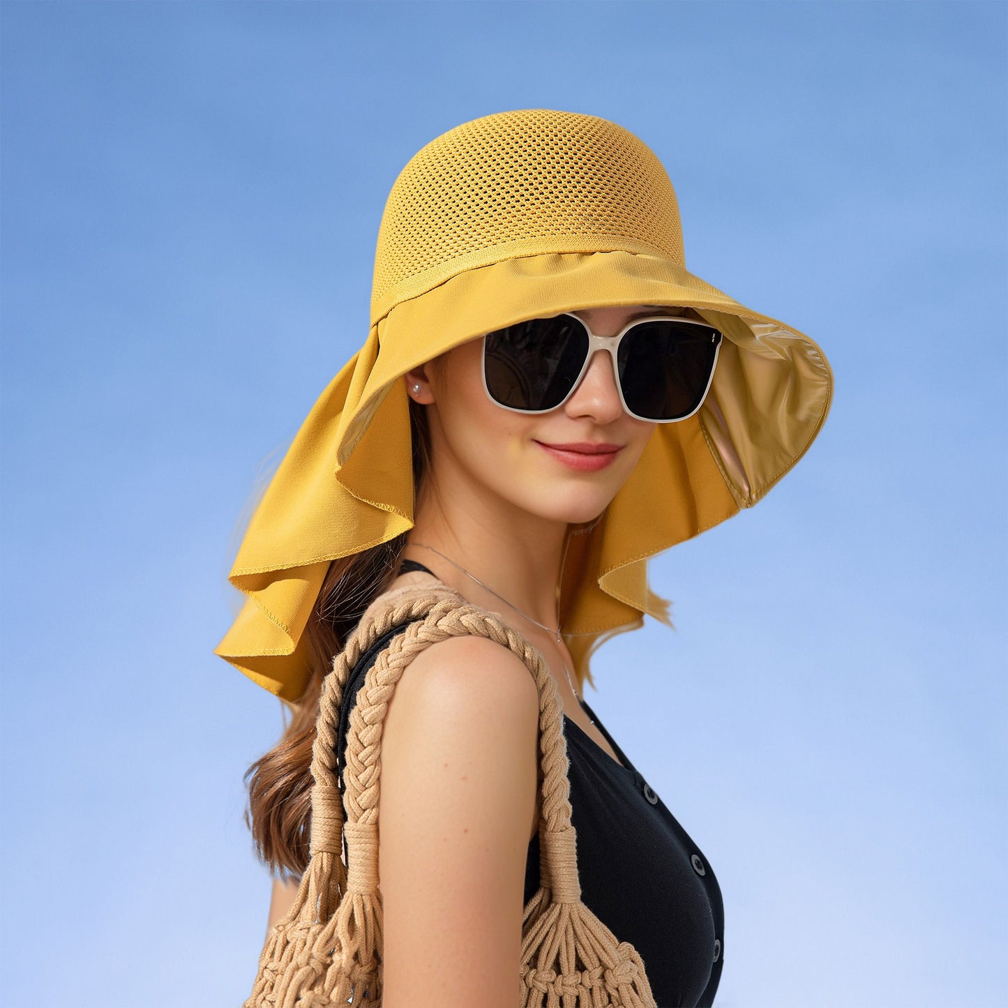 Womens Mesh Panel Wide Brim Sun Hat with Back Flap UV Protection and Tie Detail for Outdoor Activities