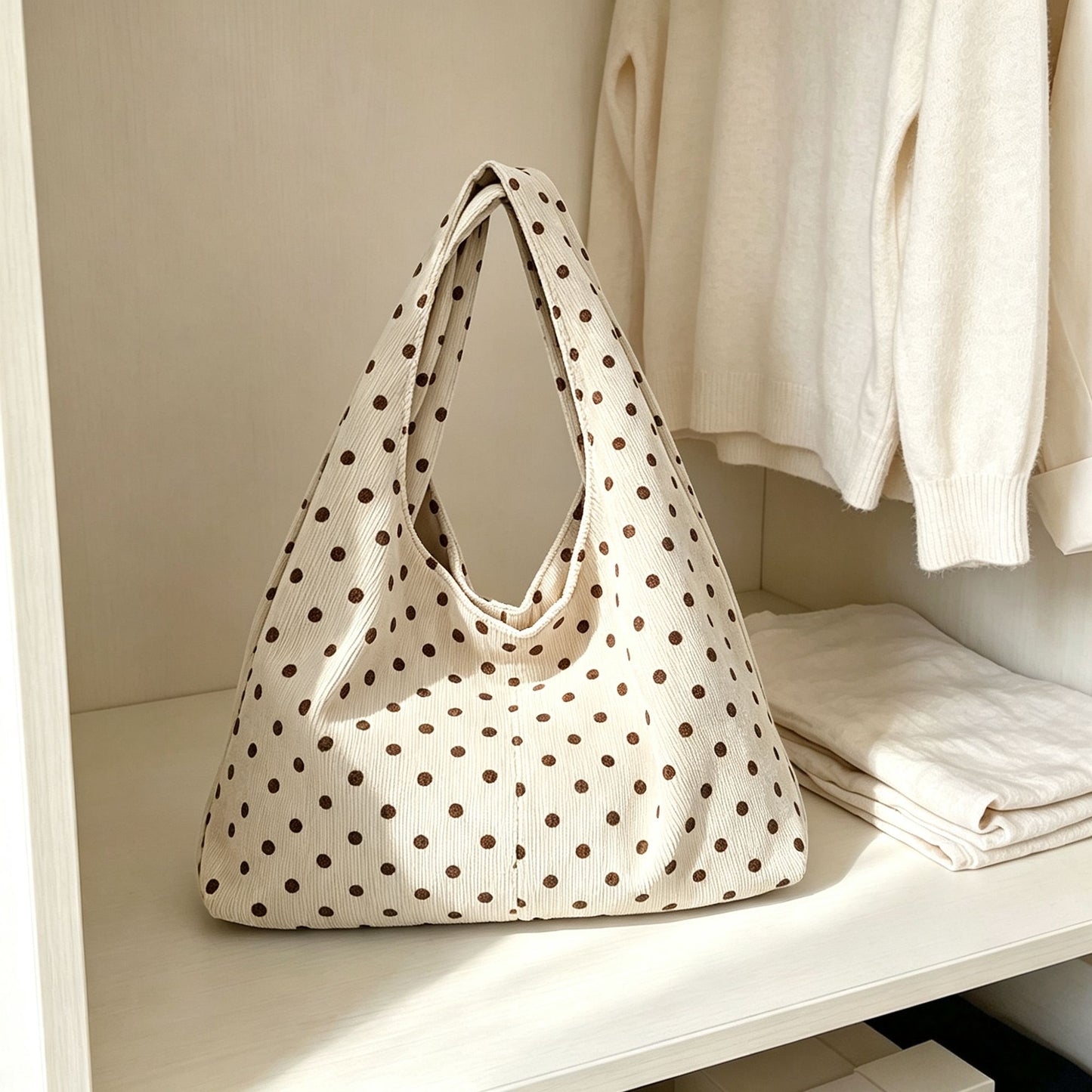 Polka Dot Corduroy Hobo Shoulder Bag with Wide Strap and Interior Pockets