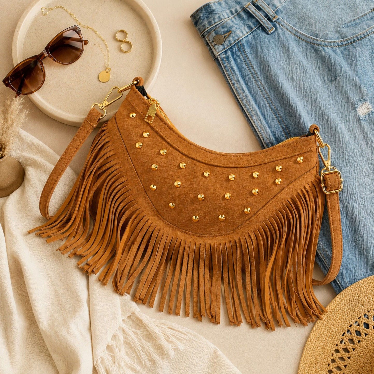 Studded Fringe Crossbody Bag Suede Look Crescent Shoulder Purse with Adjustable Strap