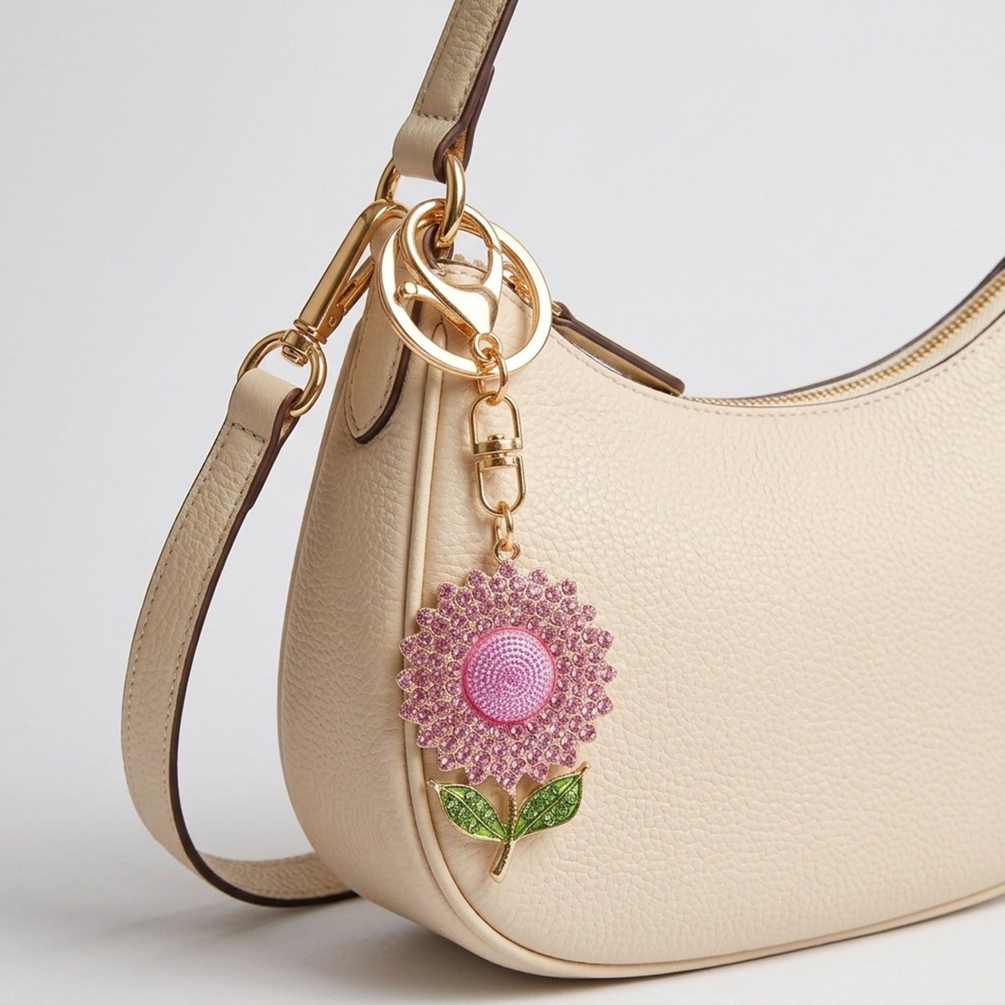 2pc Flower Rhinestone Keychain Bag Charm with Lobster Clasp and Key Ring