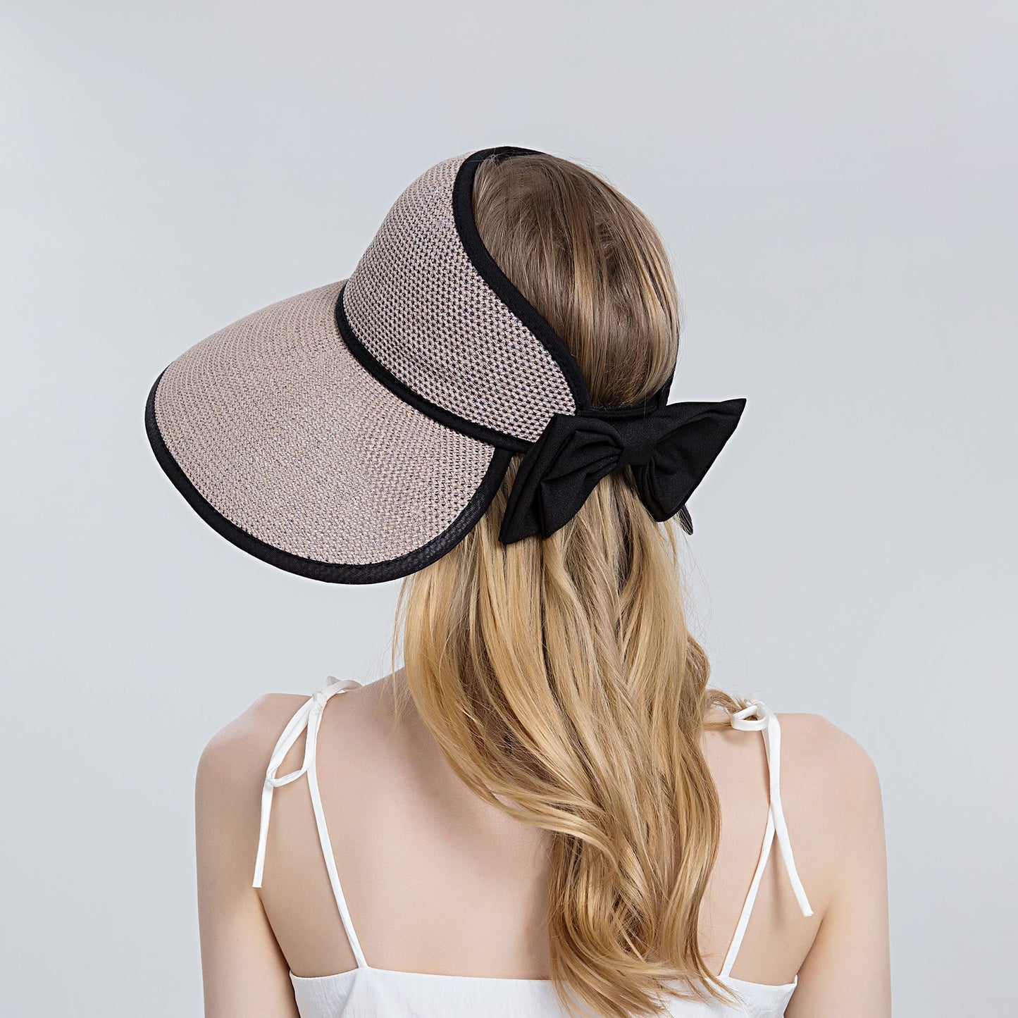 Womens Roll Up Straw Sun Visor Wide Brim Bow Detail Adjustable UV Protection Packable Summer Hat