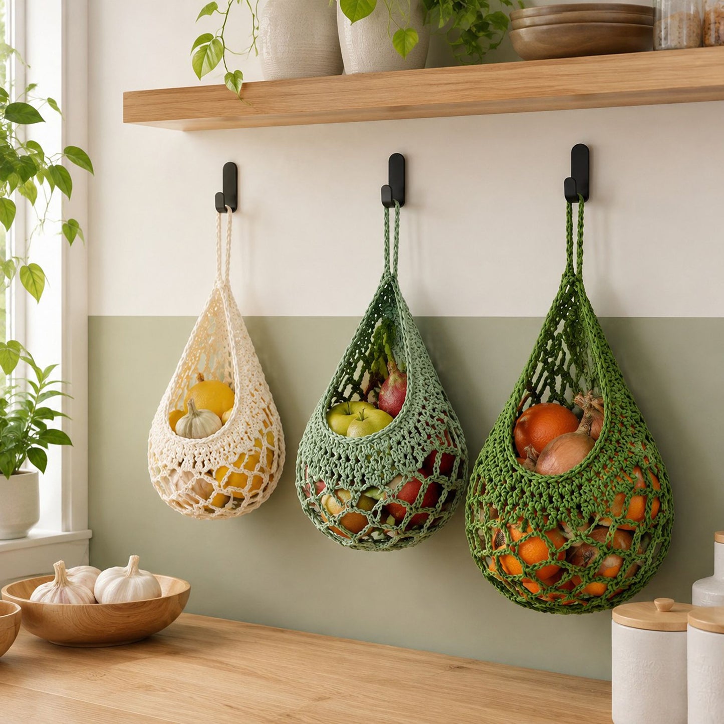 3pc Crochet Hanging Storage Basket Set Small Medium Large Wall Organizer Bins