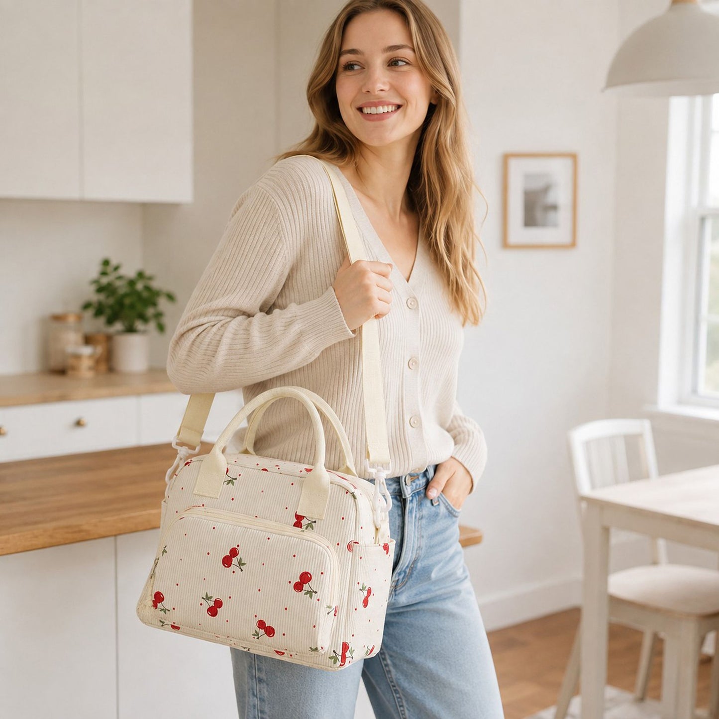 Printed Corduroy Lunch Bag with Adjustable Shoulder Strap