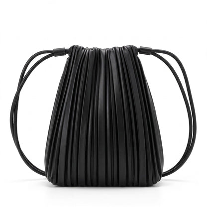 Pleated Crossbody Bucket Bag with Long Shoulder Strap and Gathered Top 7.5x8.5x3.5in