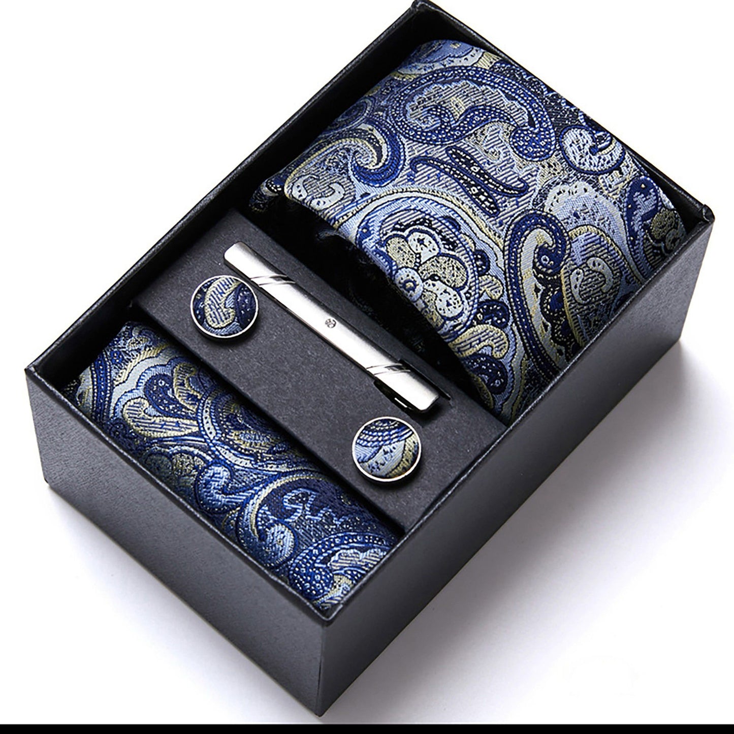 Men's Paisley Pattern Tie Gift Set with Matching Pocket Square Cufflinks and Silver Tie Clip