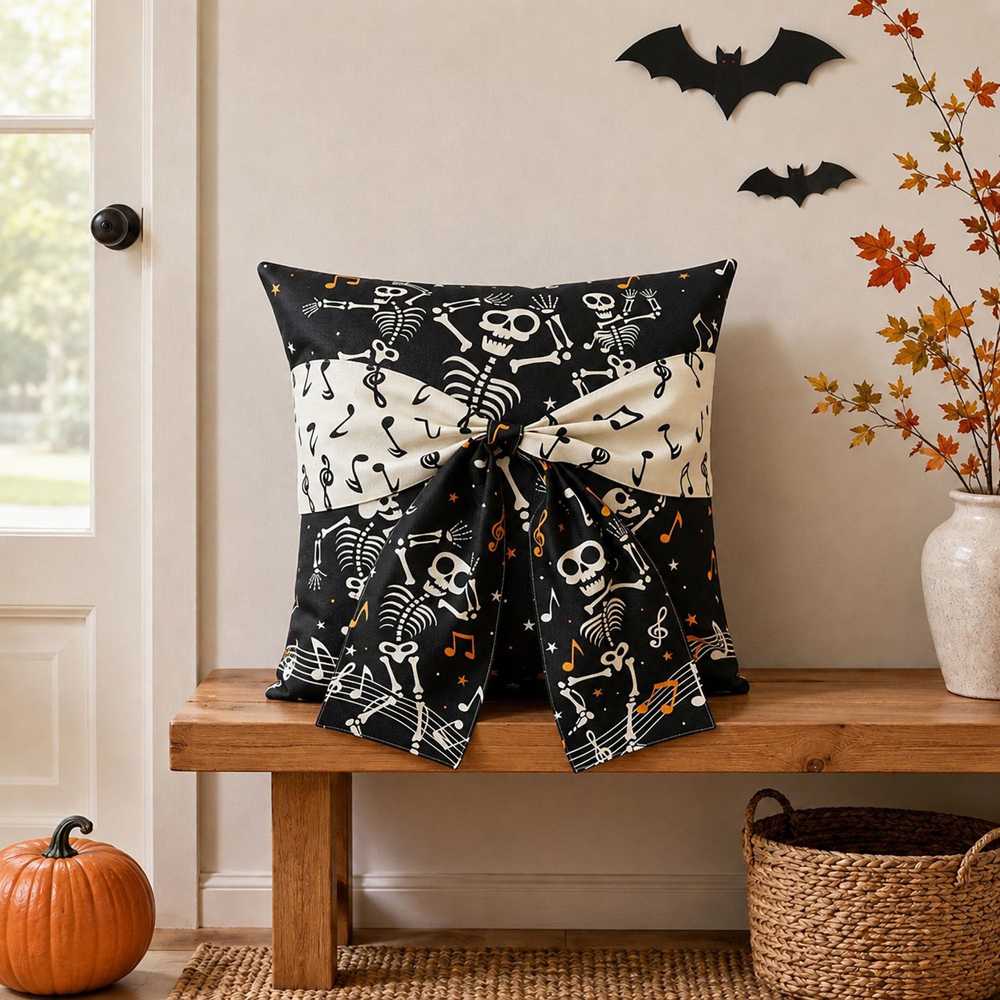 Halloween Throw Pillow Cover with Decorative Bow 18 x 18 Inch