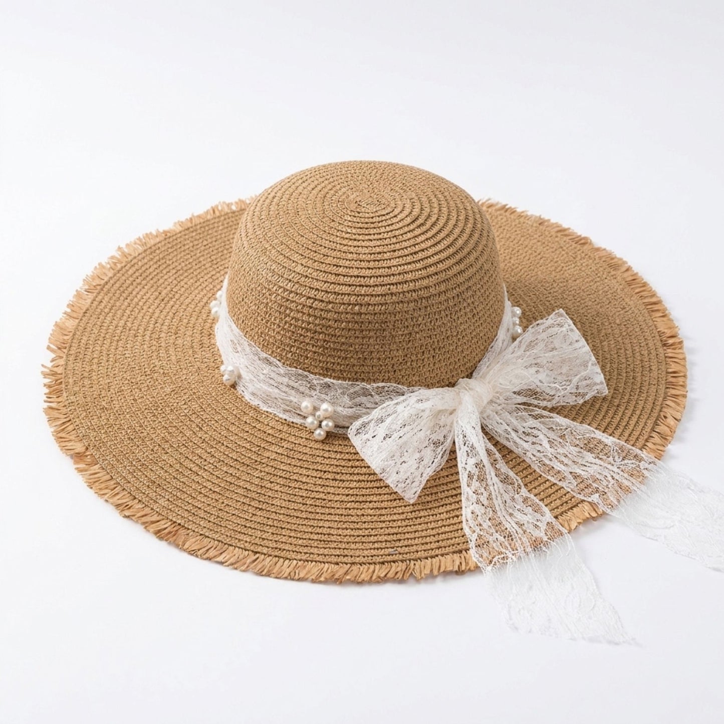 Wide Brim Sun Hat with Lace Band and Frayed Edge