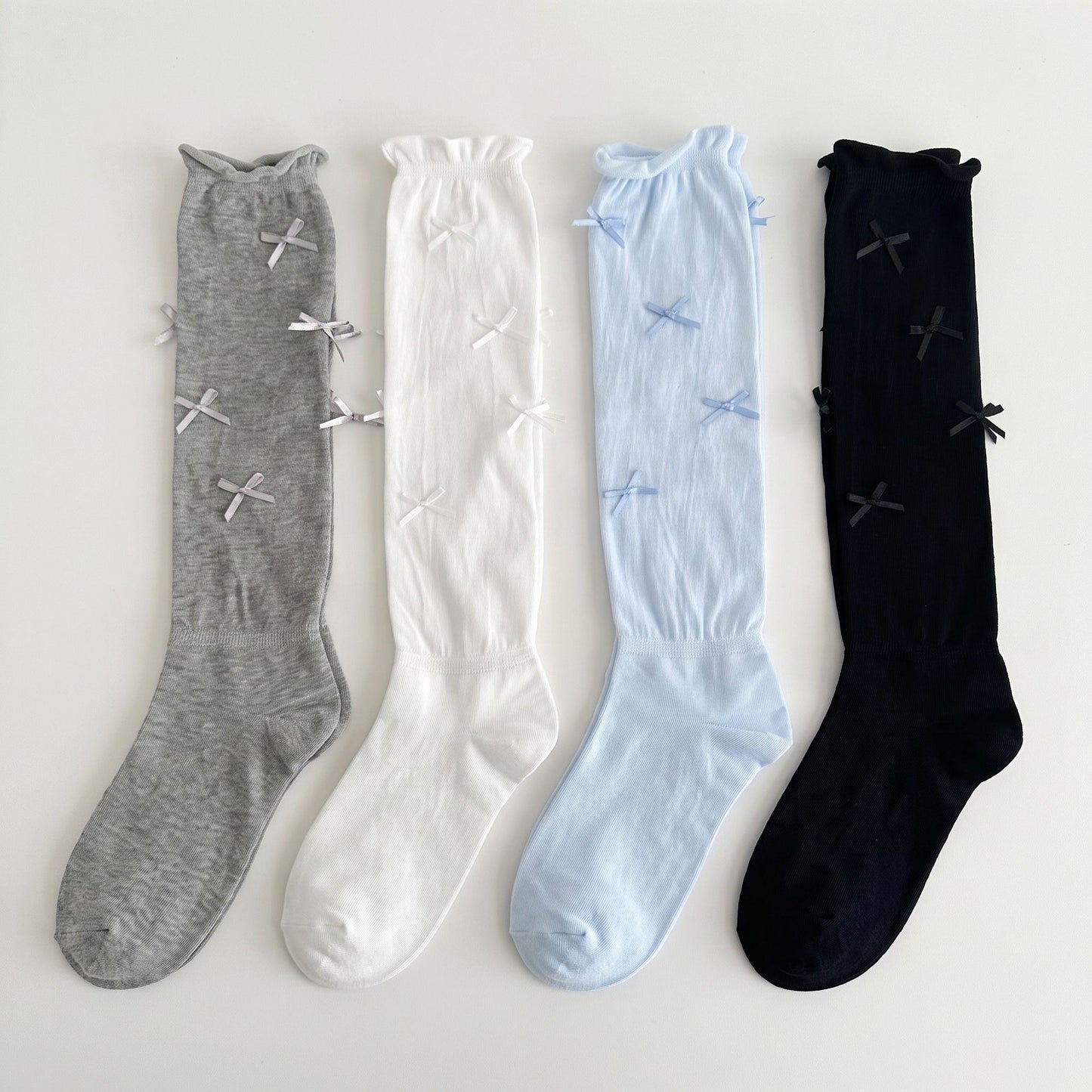 4-Pair Balletcore Ribbon Bow Knee High Socks Set, Ruffled Cuff Long Socks