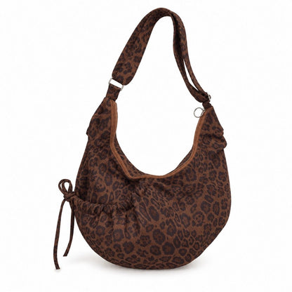Leopard Print Suede Look Crescent Hobo Shoulder Bag with Zip Closure and Exterior Pocket