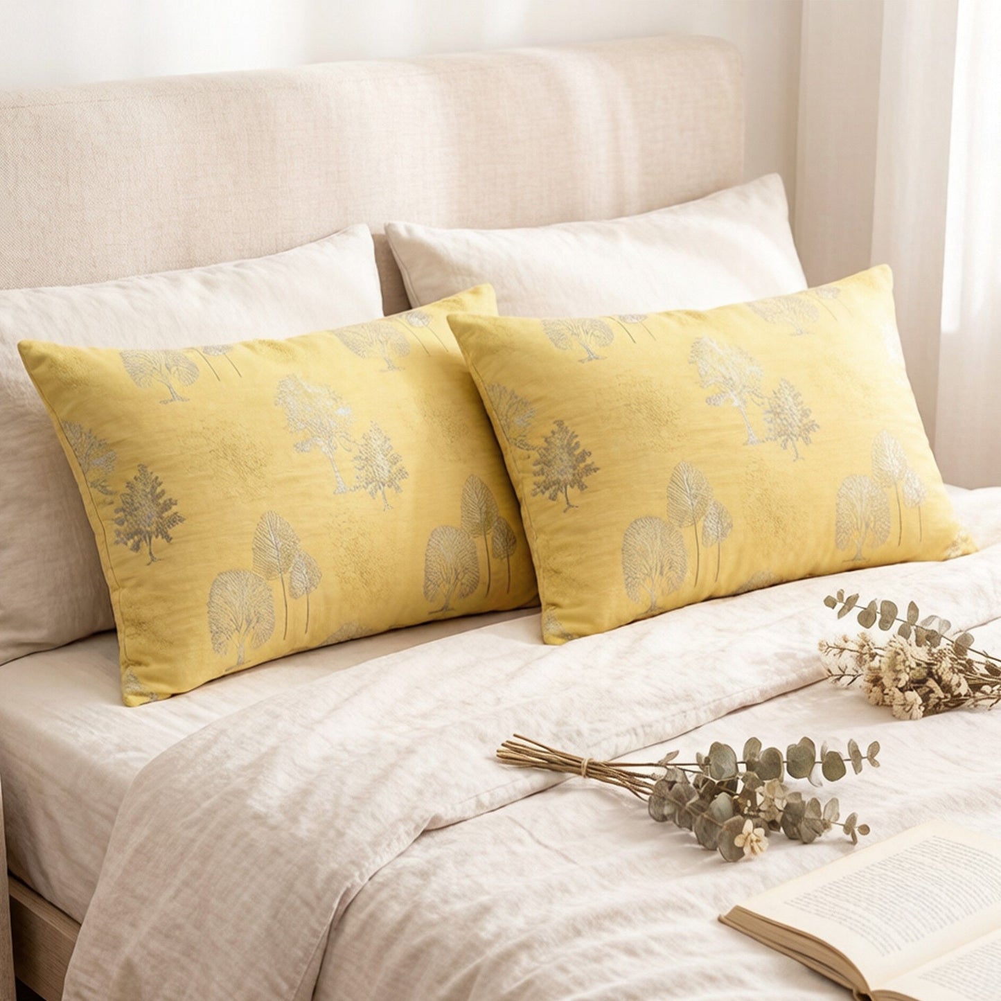 2-Piece Cotton Pillowcases with Elegant Tree Print Design for Bedroom, Soft and Comfortable Bedding Set 20x26in