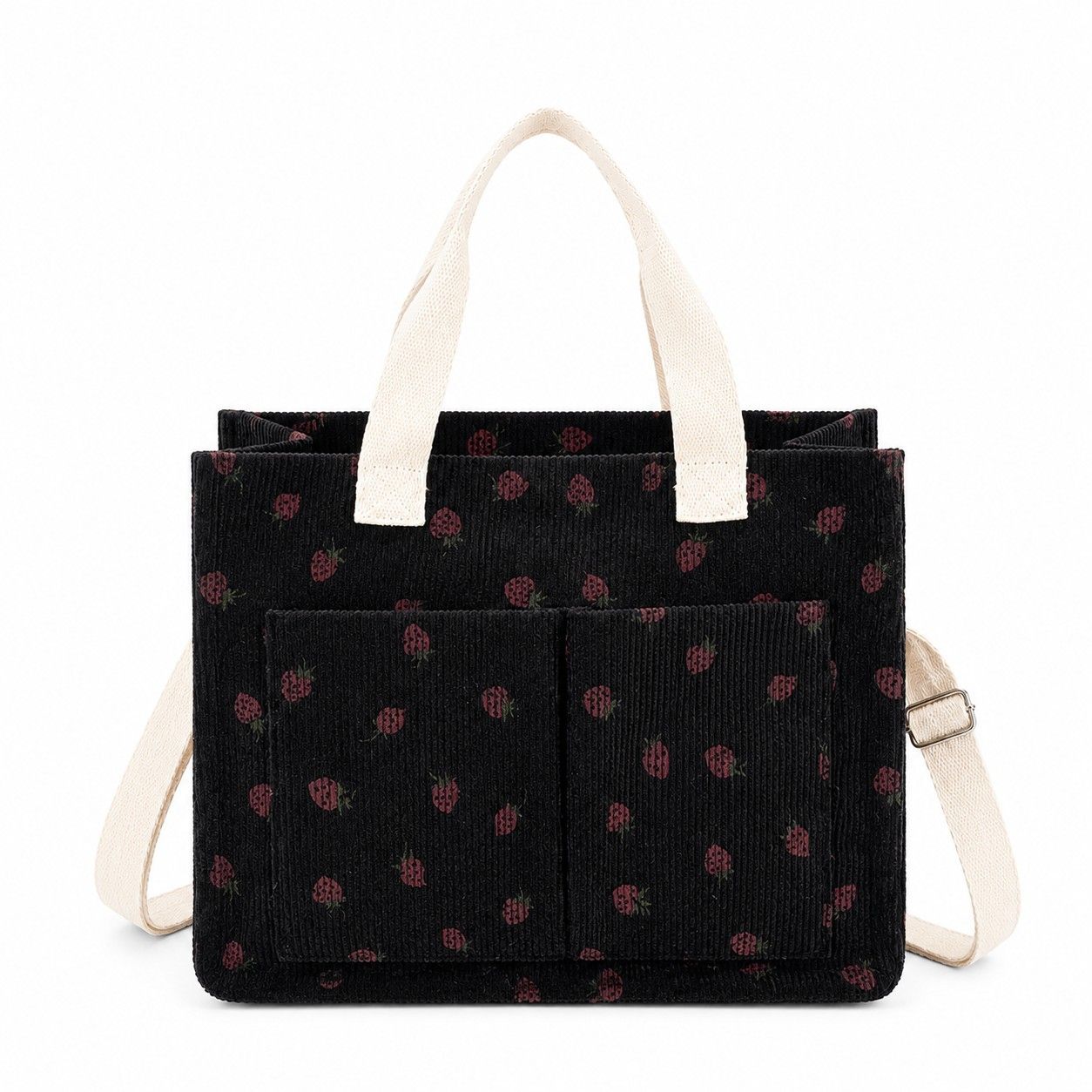 Canvas Strawberry Print Tote Bag with Shoulder Strap and Side Pockets