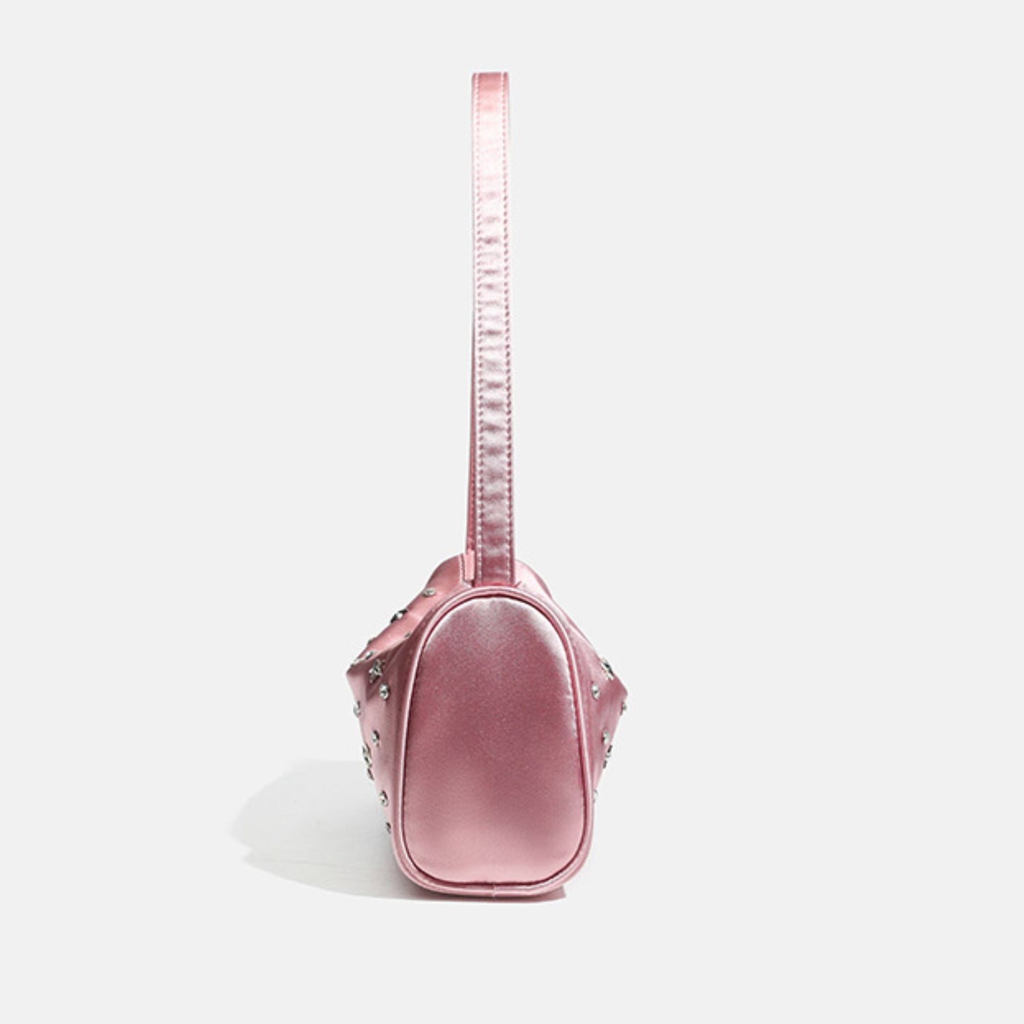 Studded Satin Shoulder Bag with Zip Closure and Interior Pocket