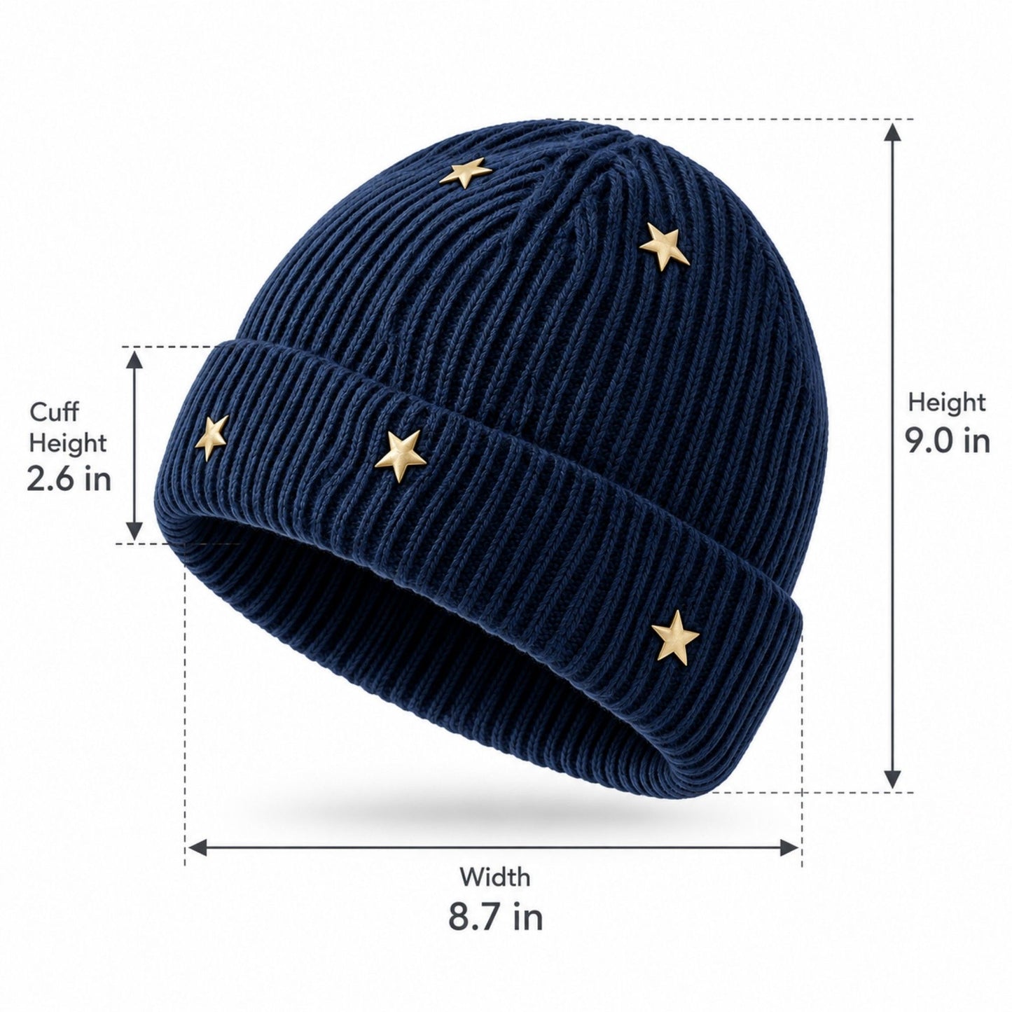 Star Stud Ribbed Knit Beanie Cuffed Winter Hat
