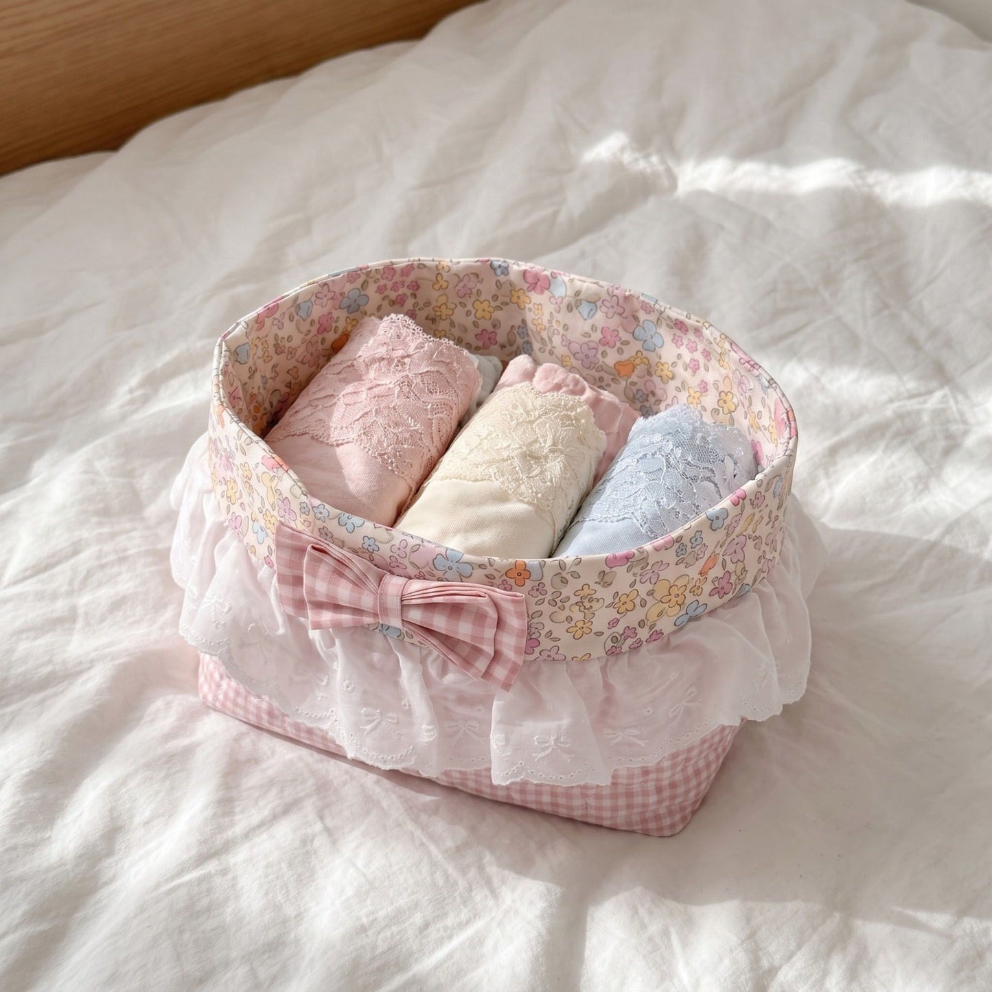 Floral Gingham Quilted Storage Basket with Lace Eyelet Ruffle & Bow