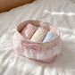 Floral Gingham Quilted Storage Basket with Lace Eyelet Ruffle & Bow