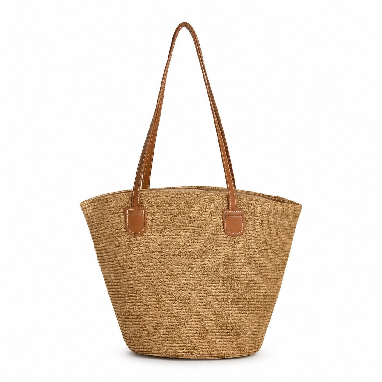 Woven Straw Tote Bag Large Capacity Zip Top Shoulder Carryall Handbag