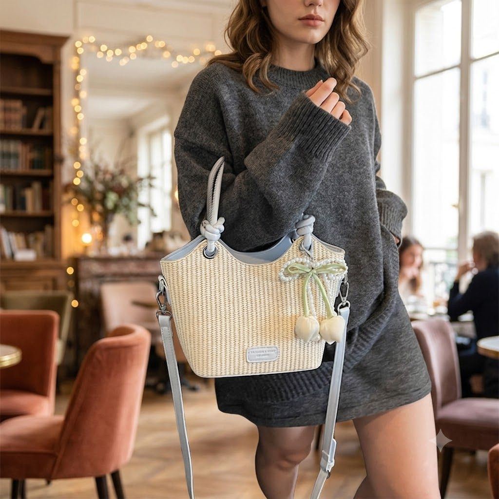 Women's Woven Mini Tote Crossbody Bag with Pearl Bow Charm and Strap
