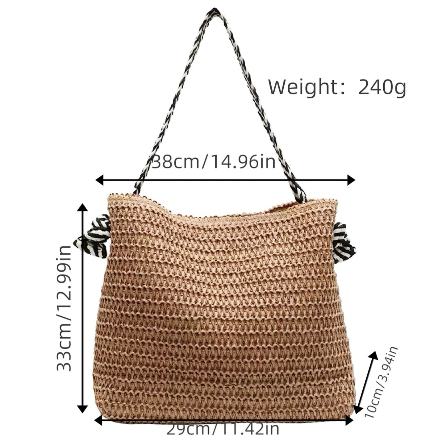 Woven Crochet Tote Bag with Drawstring Detail and Pattern Strap Shoulder Handbag Lightweight Knit Bag