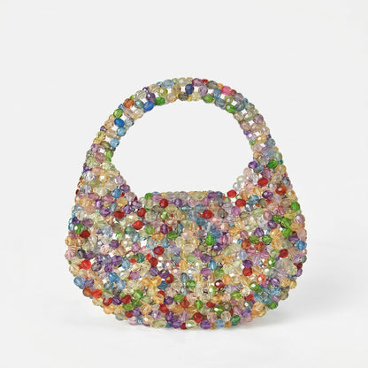 Multicolor Crystal Beaded Handbag with Structured Top Handle Statement Purse 7.5x7.8x1.5 in