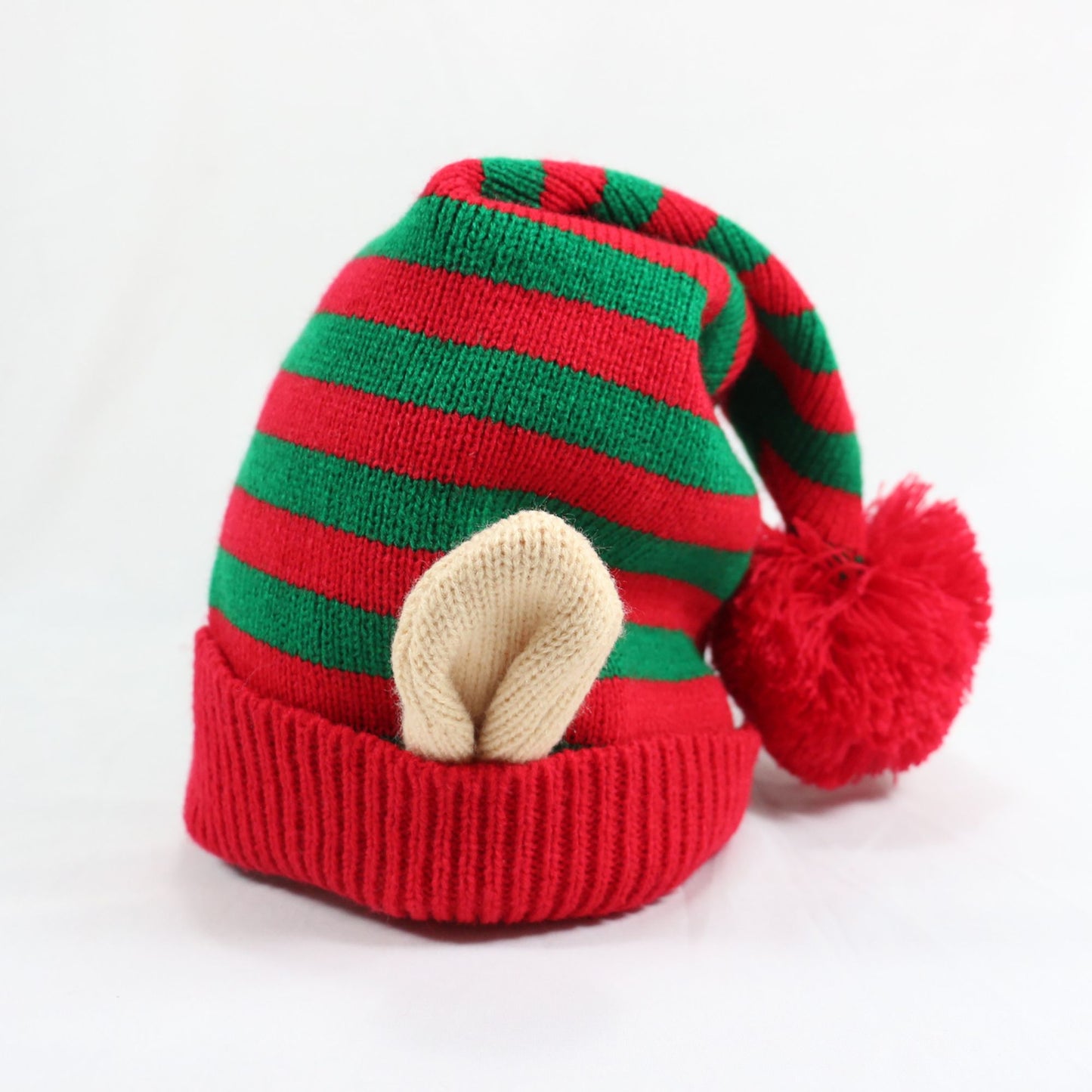 Christmas Elf Striped Knit Hat Striped Beanie with Pom-Pom & Elf Ears for Holiday Parties & Festive Decor