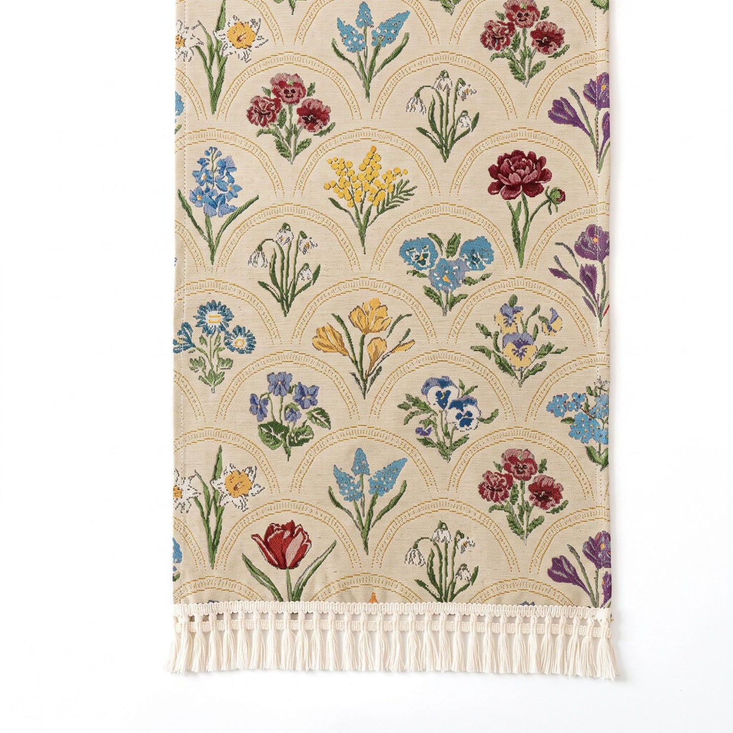 Beige Multicolor Floral Woven Table Runner with Tassel Fringe 13.8x47.2in