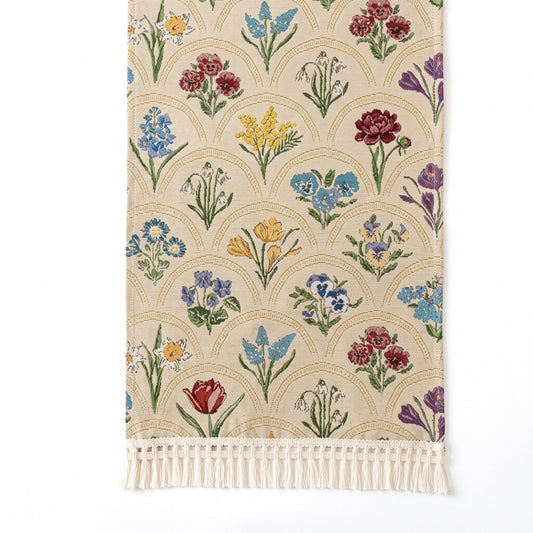Beige Multicolor Floral Woven Table Runner with Tassel Fringe 13.8x47.2in