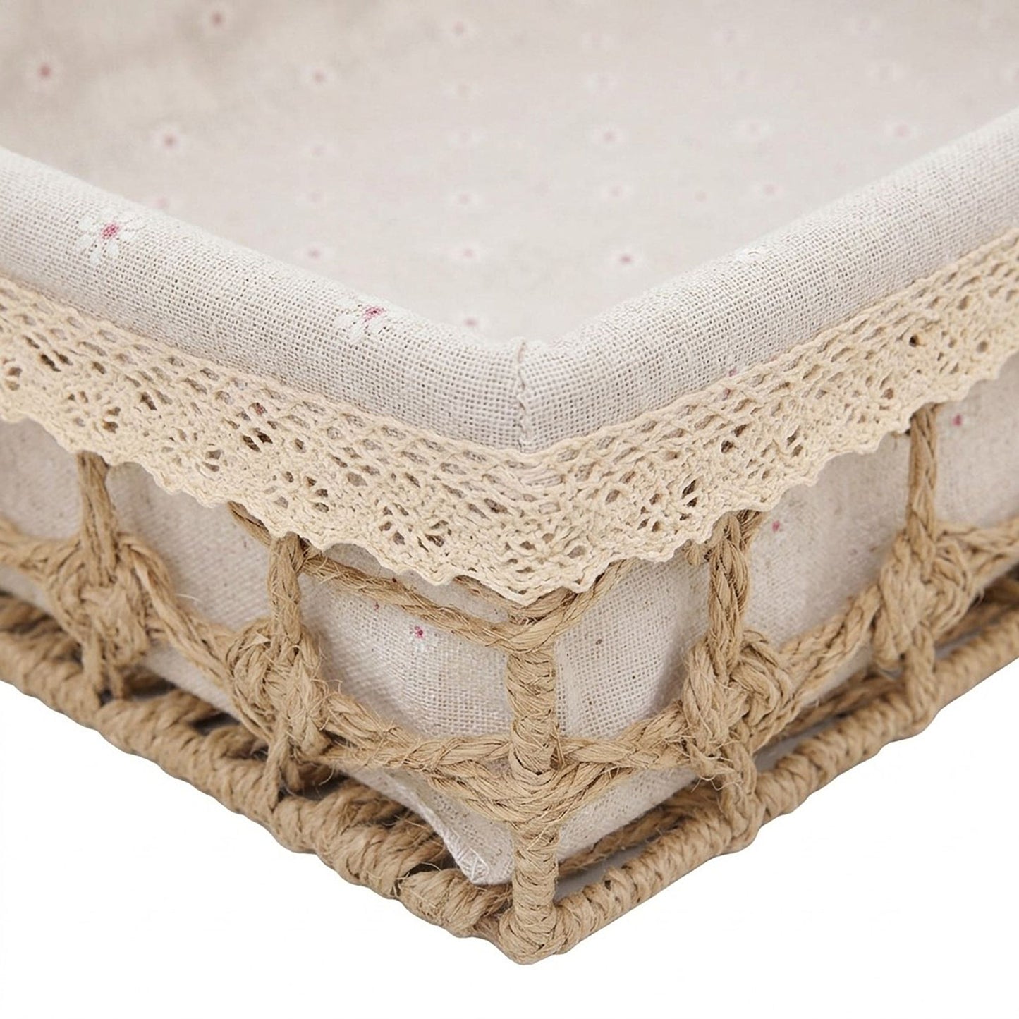 Rectangular Storage Basket with Fabric Lining and Lace Trim
