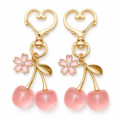 2-Pack Translucent Cherry Bag Charm Keychains with Flower Accents and Gold-Tone Heart Clasps
