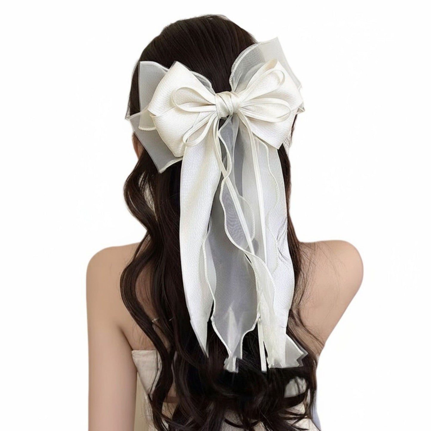 Oversized Satin Bow Hair Clip with Long Ribbon Tails and Glossy Finish