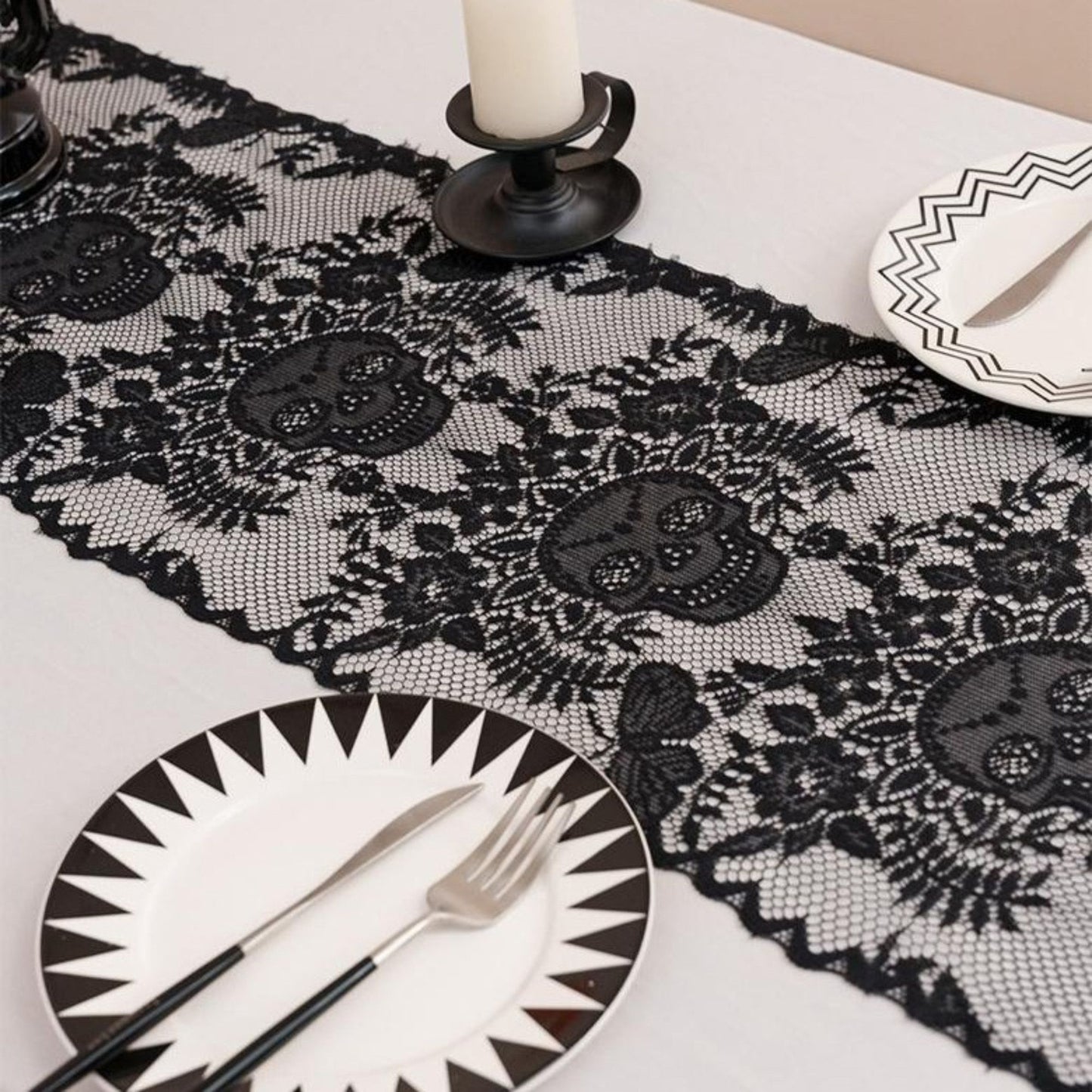 Halloween Black Lace Skull Cutout Table Runner