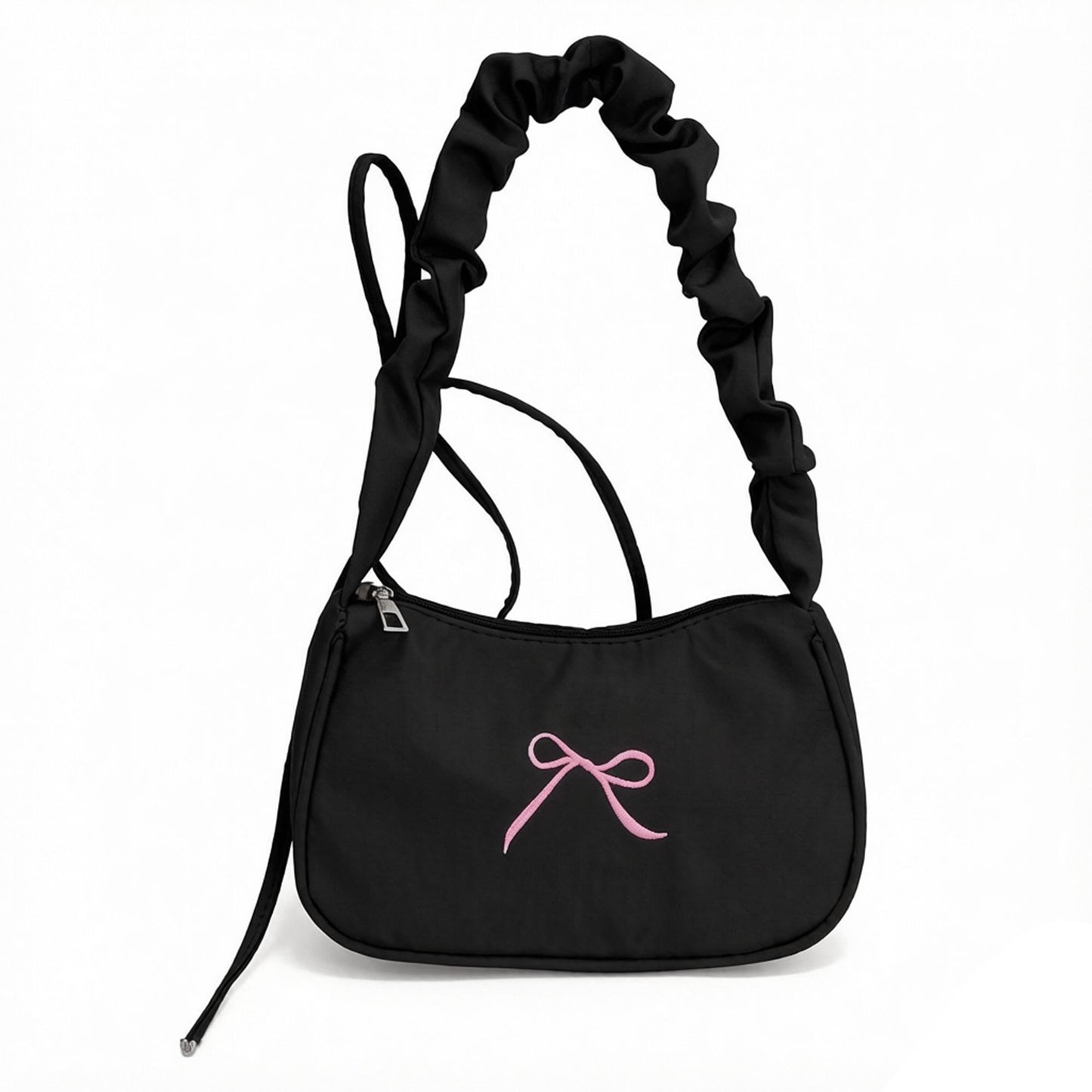 Small Bow Embroidered Shoulder Bag with Ruched Strap and Zip Closure