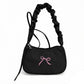 Small Bow Embroidered Shoulder Bag with Ruched Strap and Zip Closure