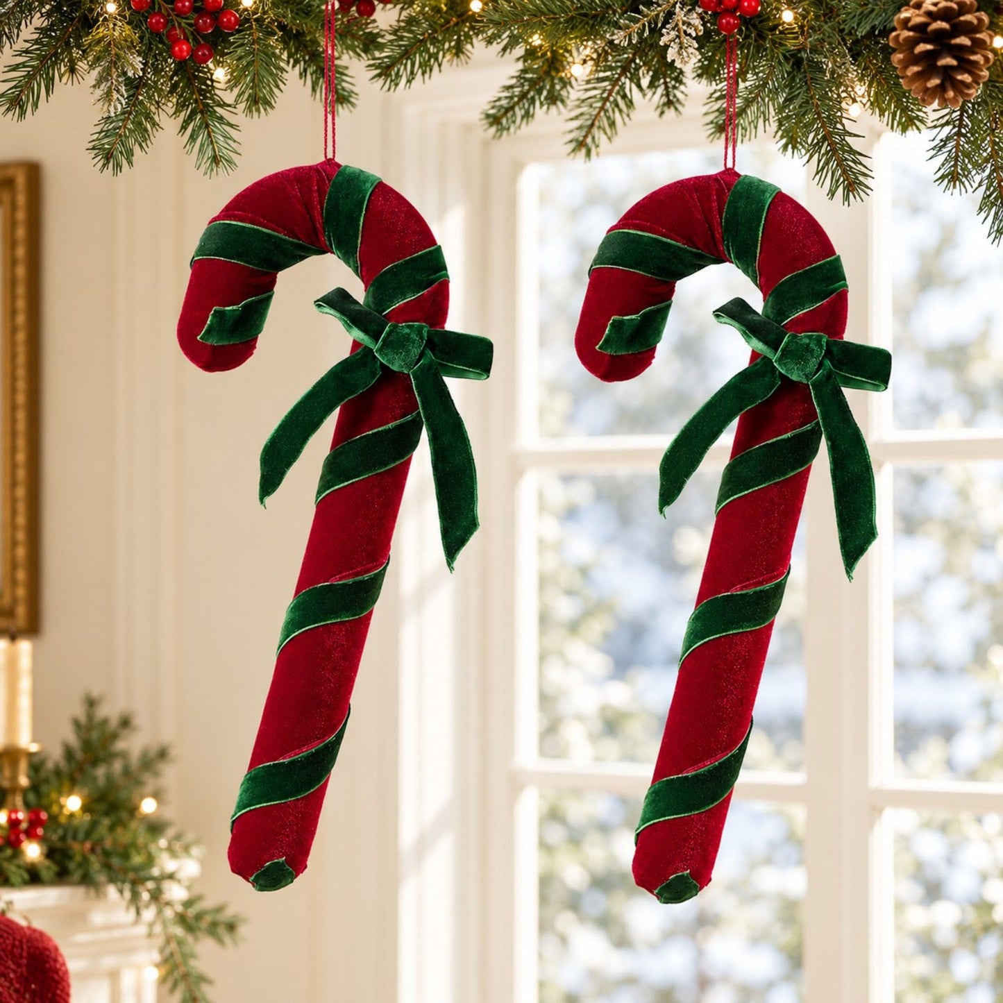 2ct Christmas Candy Cane Hanging Decorations with Bows Red Green and White