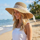 Wide Brim Straw Sun Hat with Sheer Bow Accent and Scalloped Edge