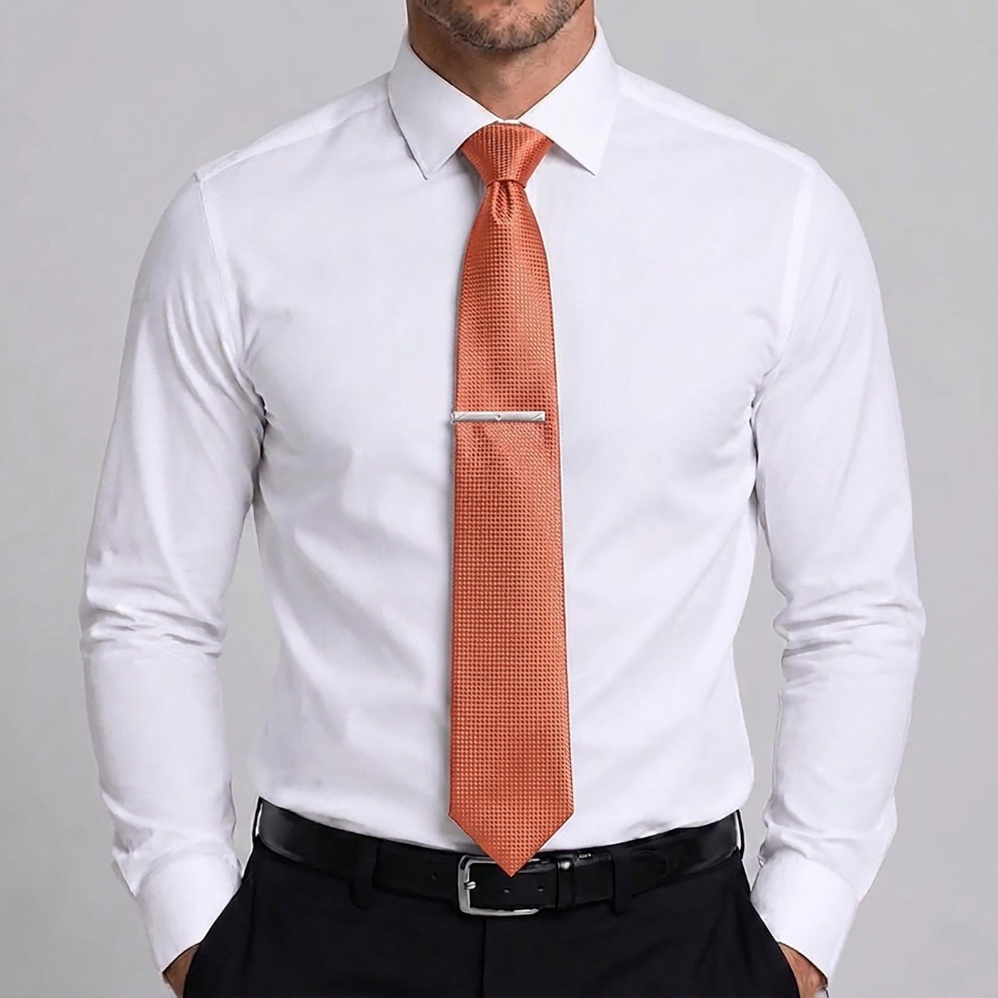 Men's Textured Solid Color Tie Gift Set with Matching Pocket Square Cufflinks and Silver Tie Clip