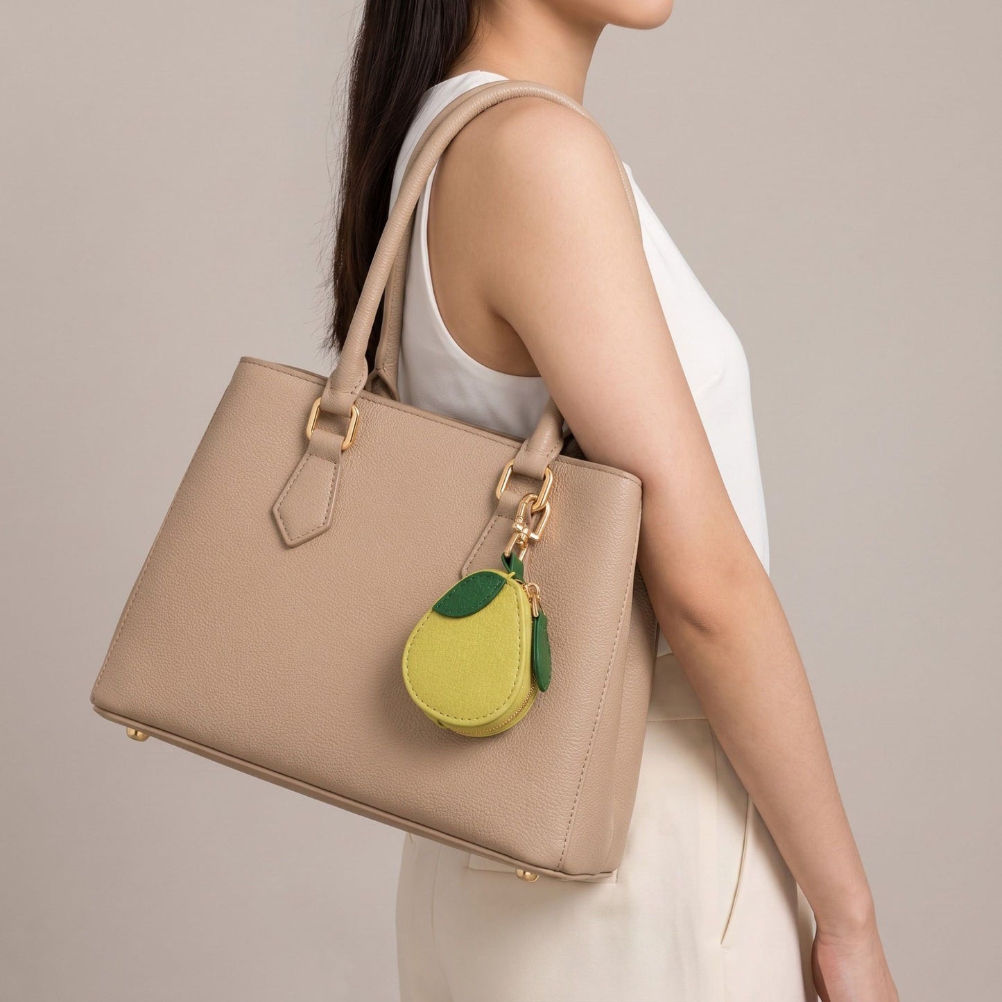 Pear Pouch Bag Charm with Zipper Closure and Gold Tone Clip