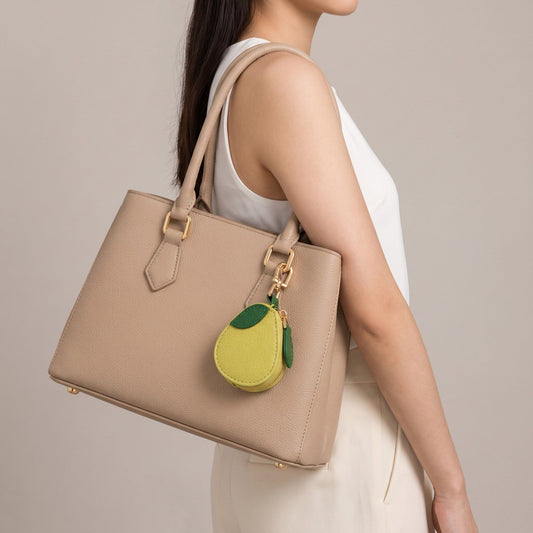 Pear Pouch Bag Charm with Zipper Closure and Gold Tone Clip