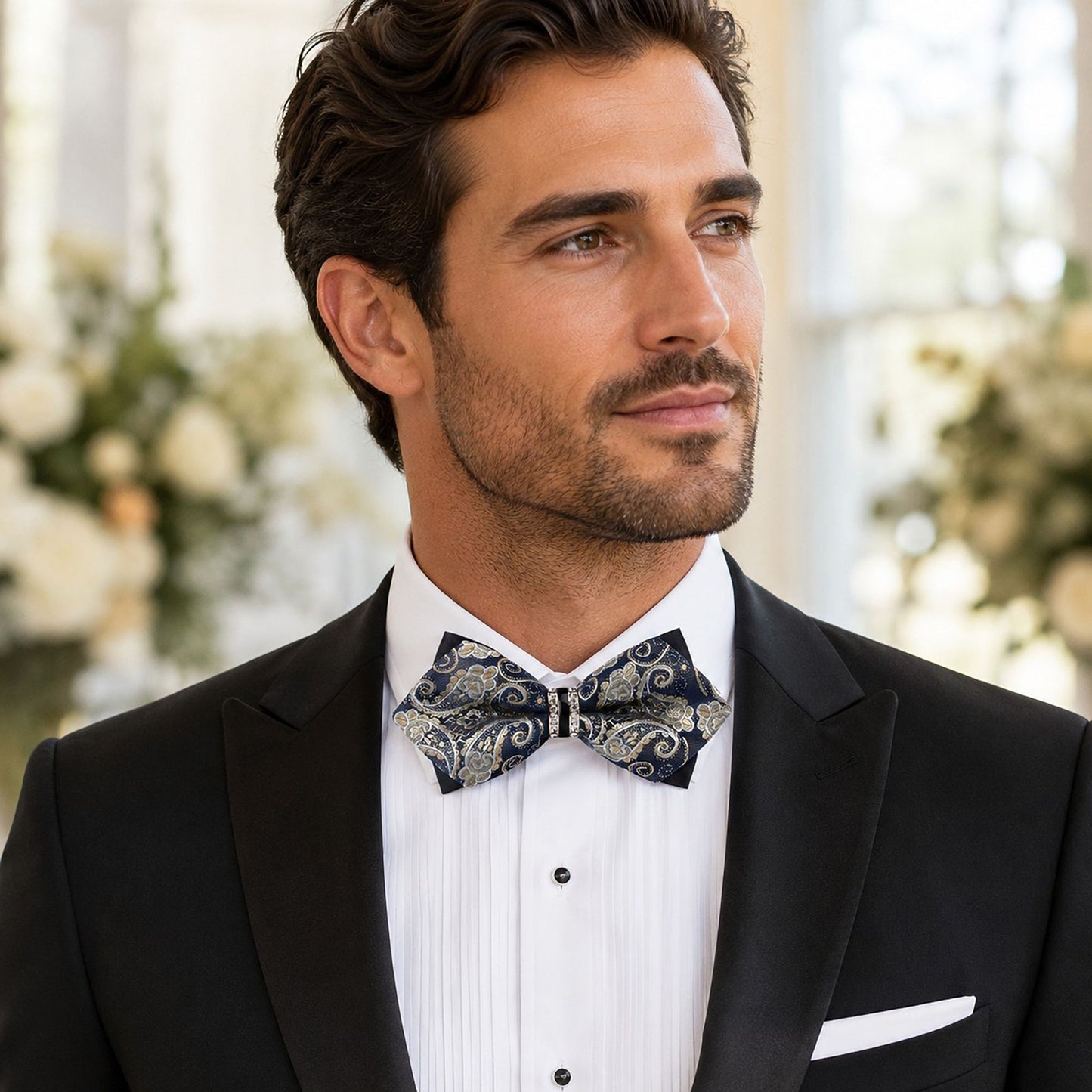 Pre Tied Paisley Bow Tie with Rhinestone Accent for Formal Wear