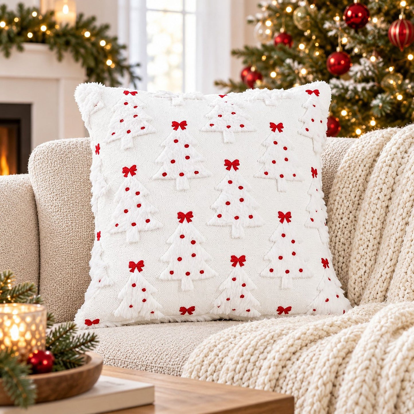 Christmas Tree Bow Tufted Decorative Throw Pillow Cover