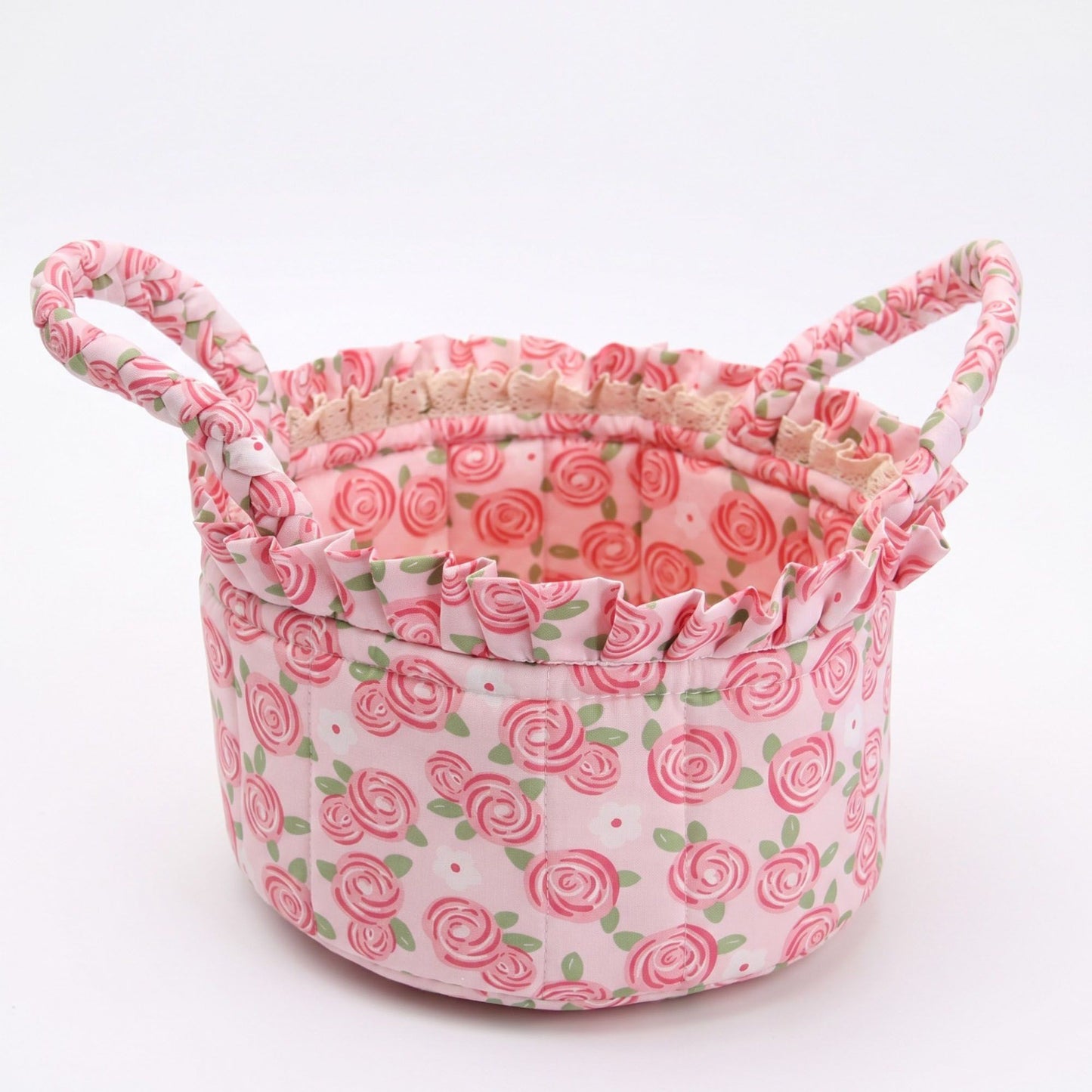 Floral Quilted Fabric Storage Basket with Carry Handles