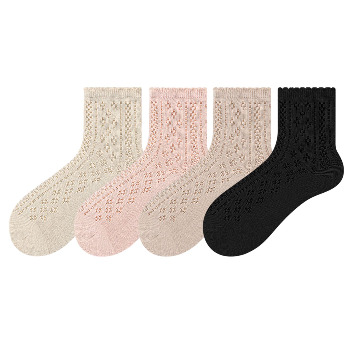 4 Pairs Women's Lace Knit Crew Socks Lightweight Breathable Mesh Style with Elastic Cuff in Assorted Patterns