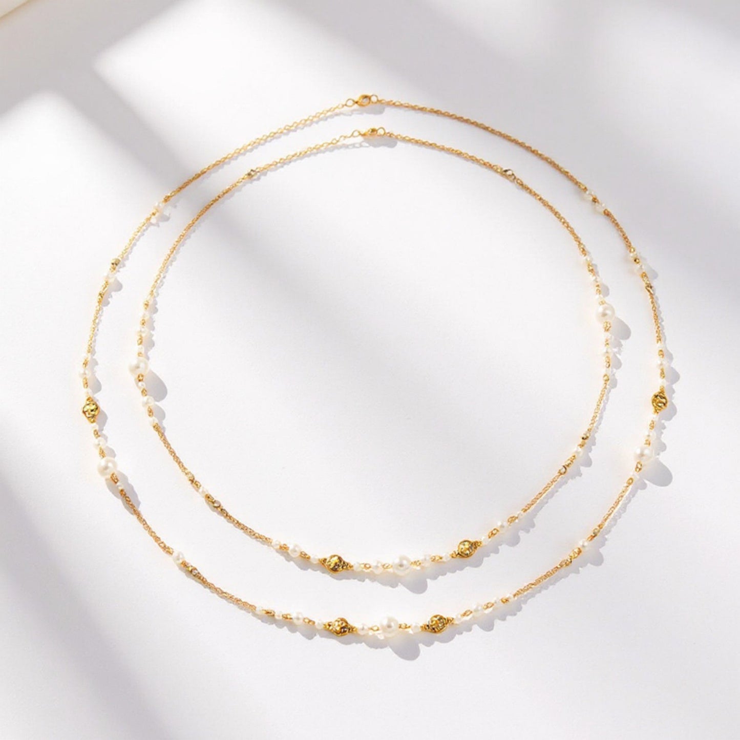 Women's Layered Pearl Beaded Necklace with Gold Filigree Accents 31.5in/39.5in