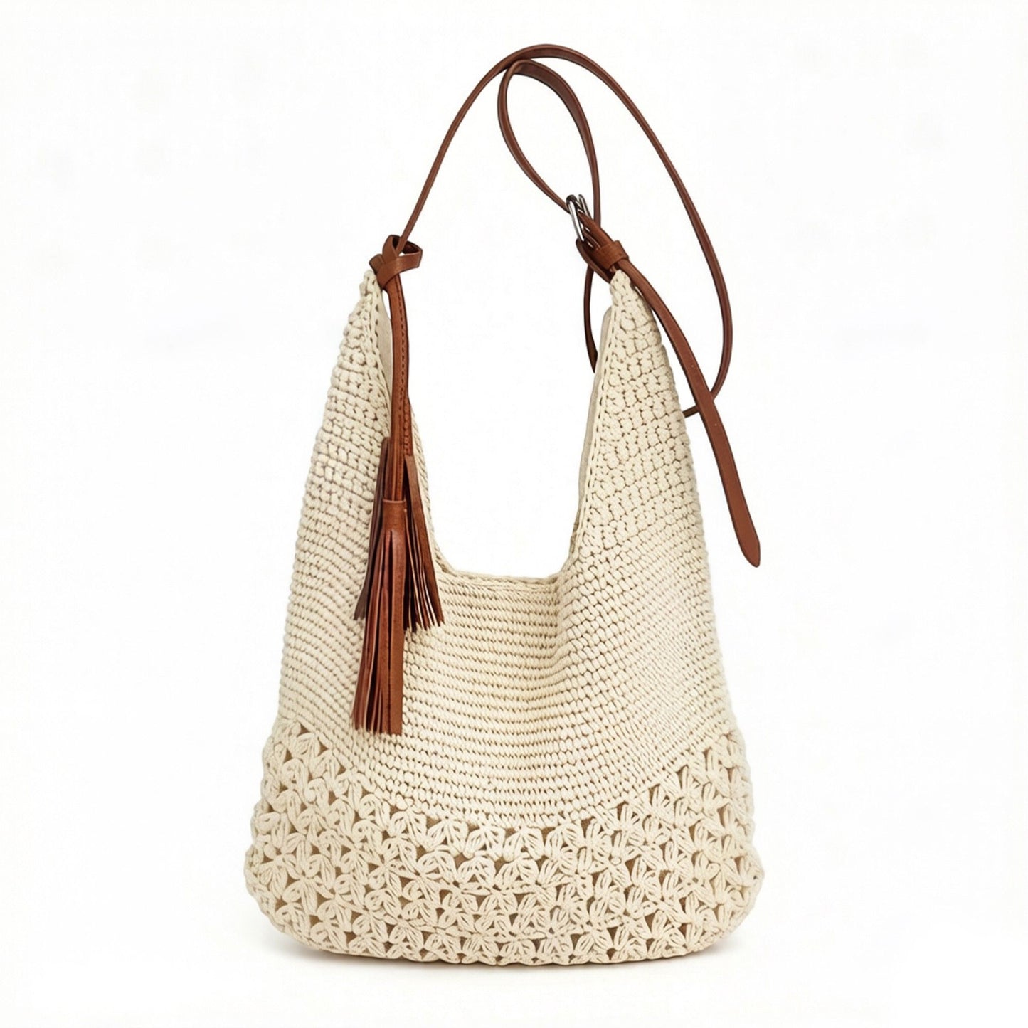 Crochet Hobo Shoulder Bag with Tassel Detail Adjustable Strap Slouchy Knit Handbag Lightweight Casual Tote