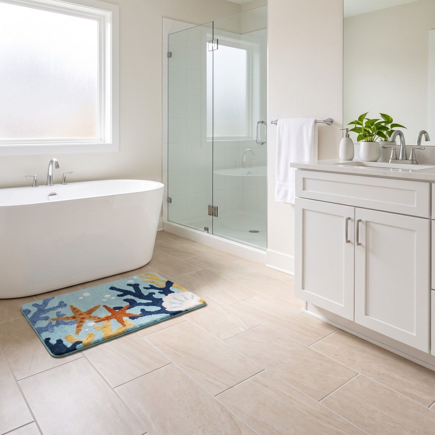 Coastal Beach Scene Plush Bathroom Mat with Umbrella and Ocean Wave Design