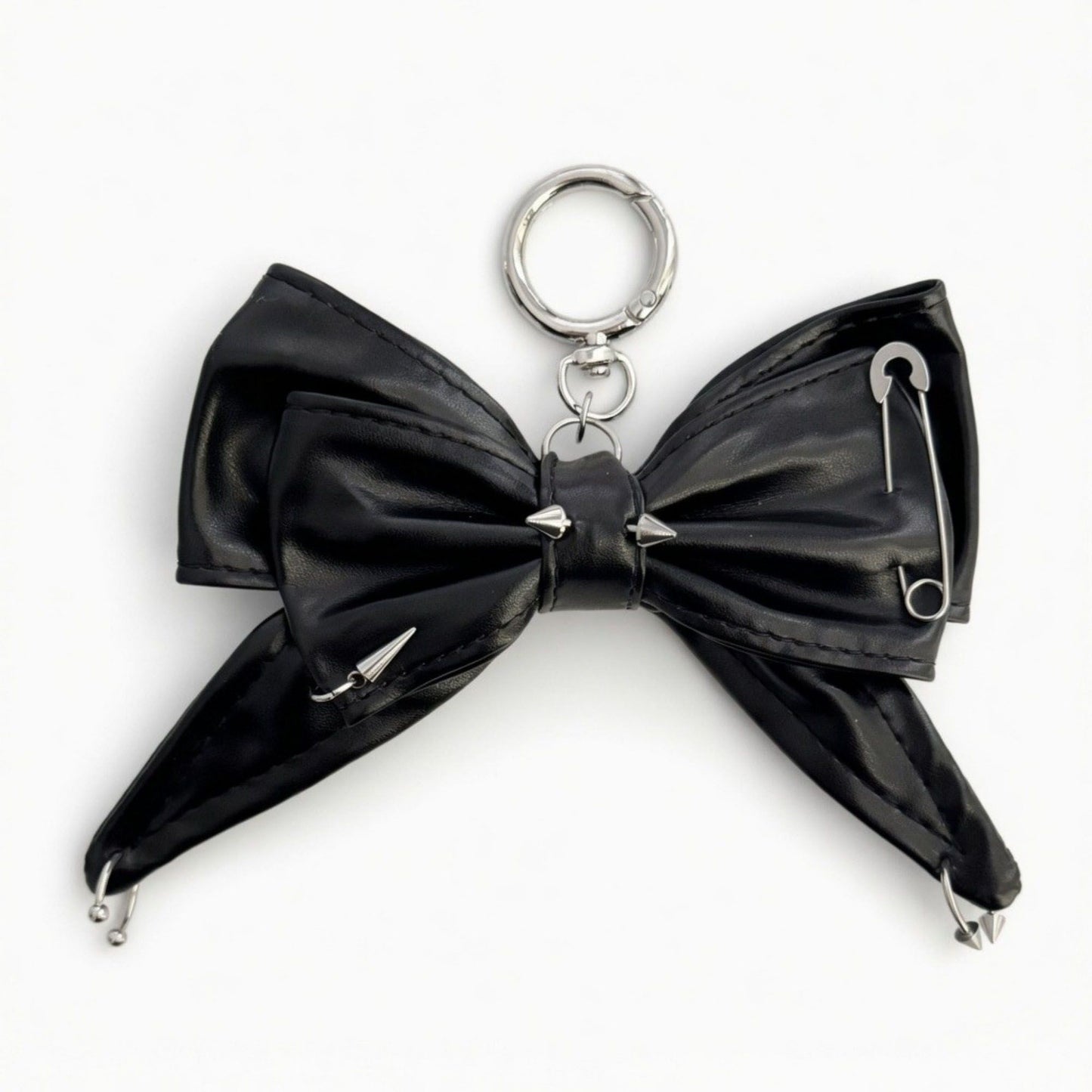 Faux Leather Bow Keychain with Safety Pin Stud Detail Oversized Bow Bag Charm Key Ring Accessory